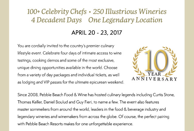 100+ Celebrity Chefs. 250 Illustrious Wineries. 4 Decadent Days. One Legendary Location.